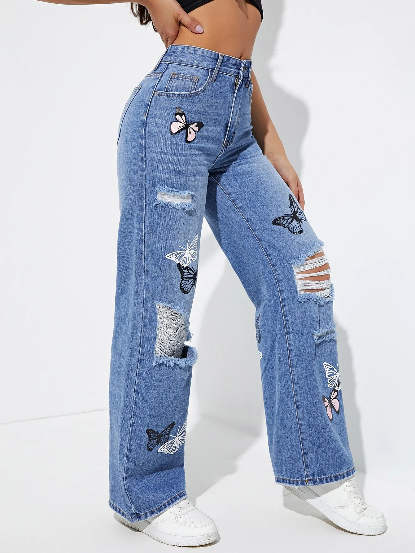 Butterfly Print Ripped Straight Leg Jeans