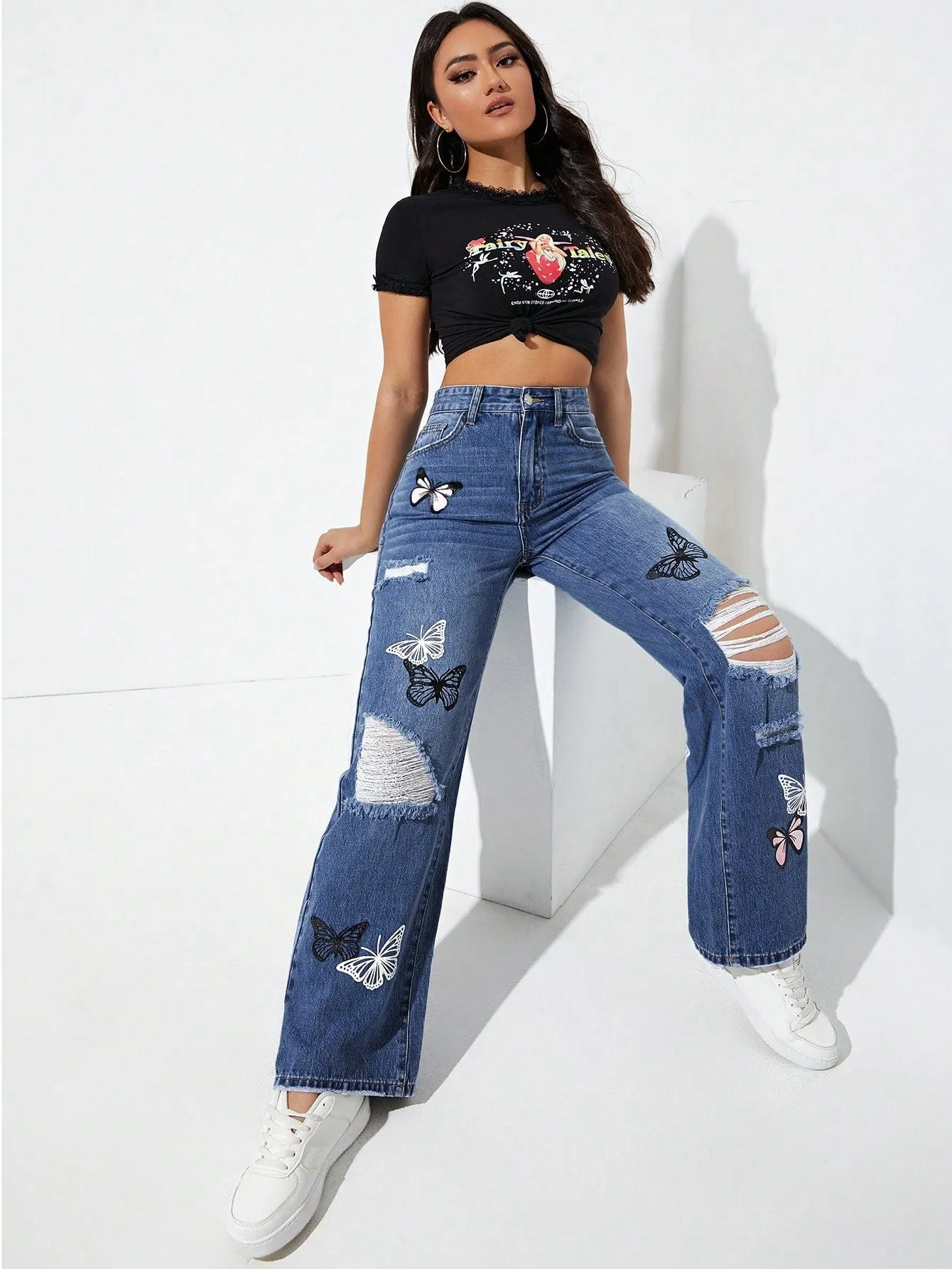 Butterfly Print Ripped Straight Leg Jeans