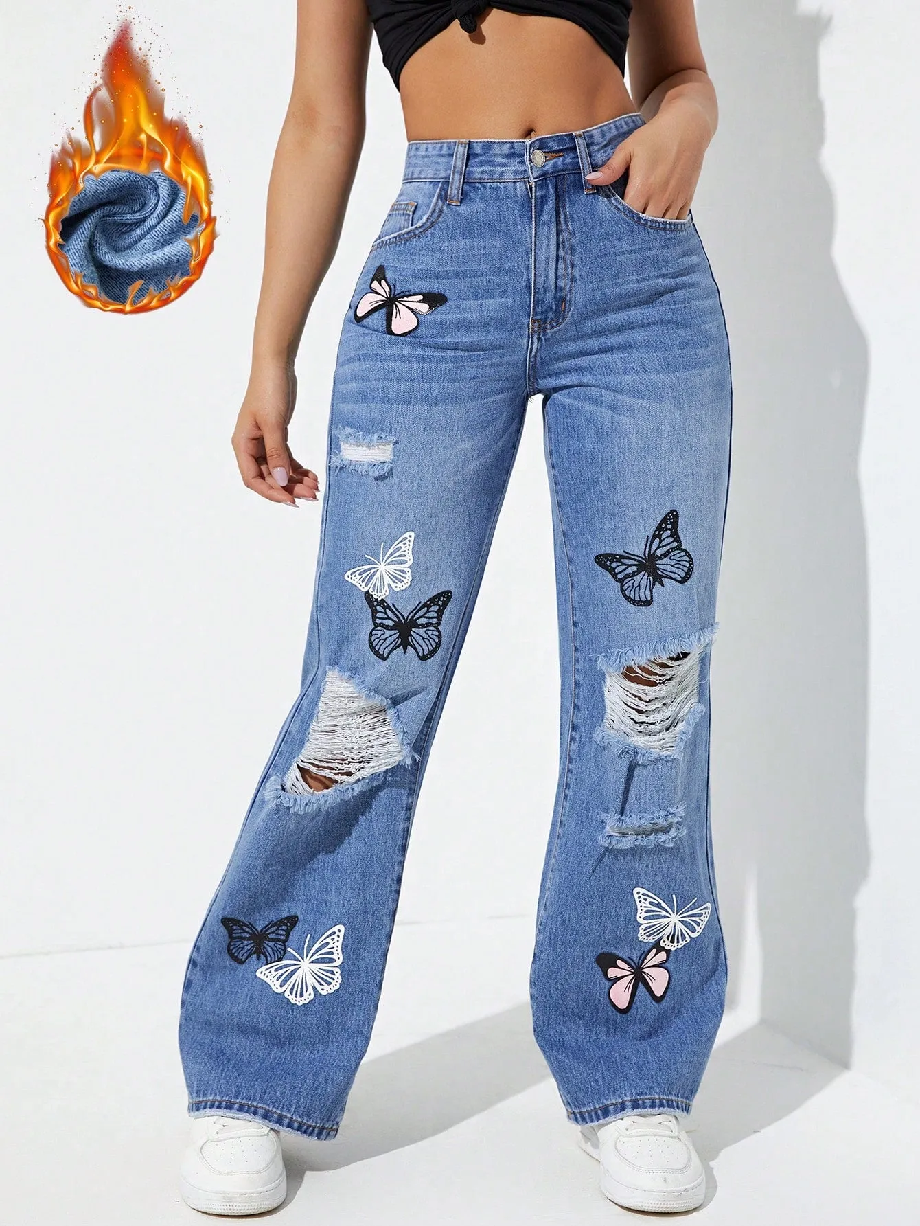 Butterfly Print Ripped Straight Leg Jeans