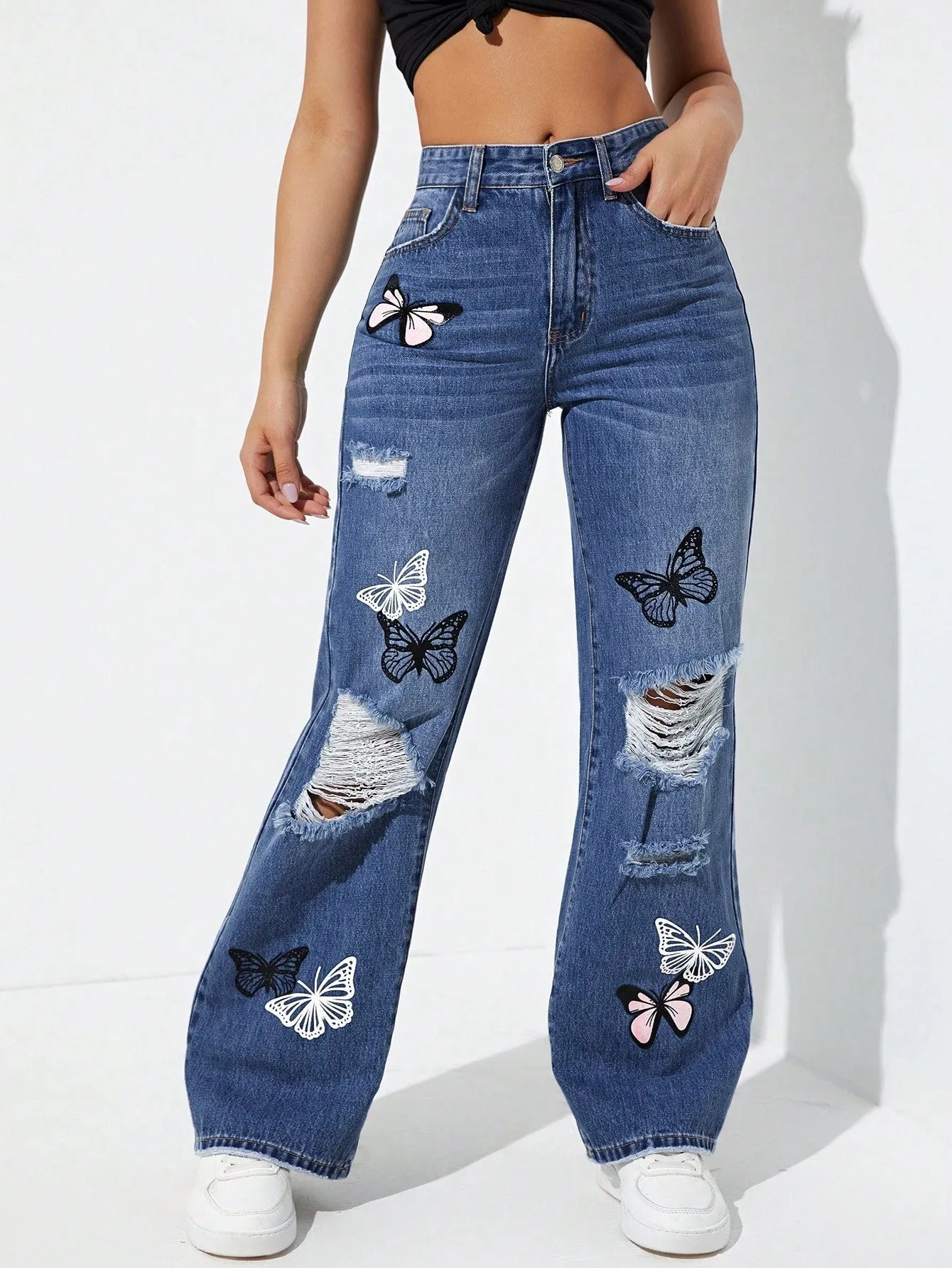 Butterfly Print Ripped Straight Leg Jeans