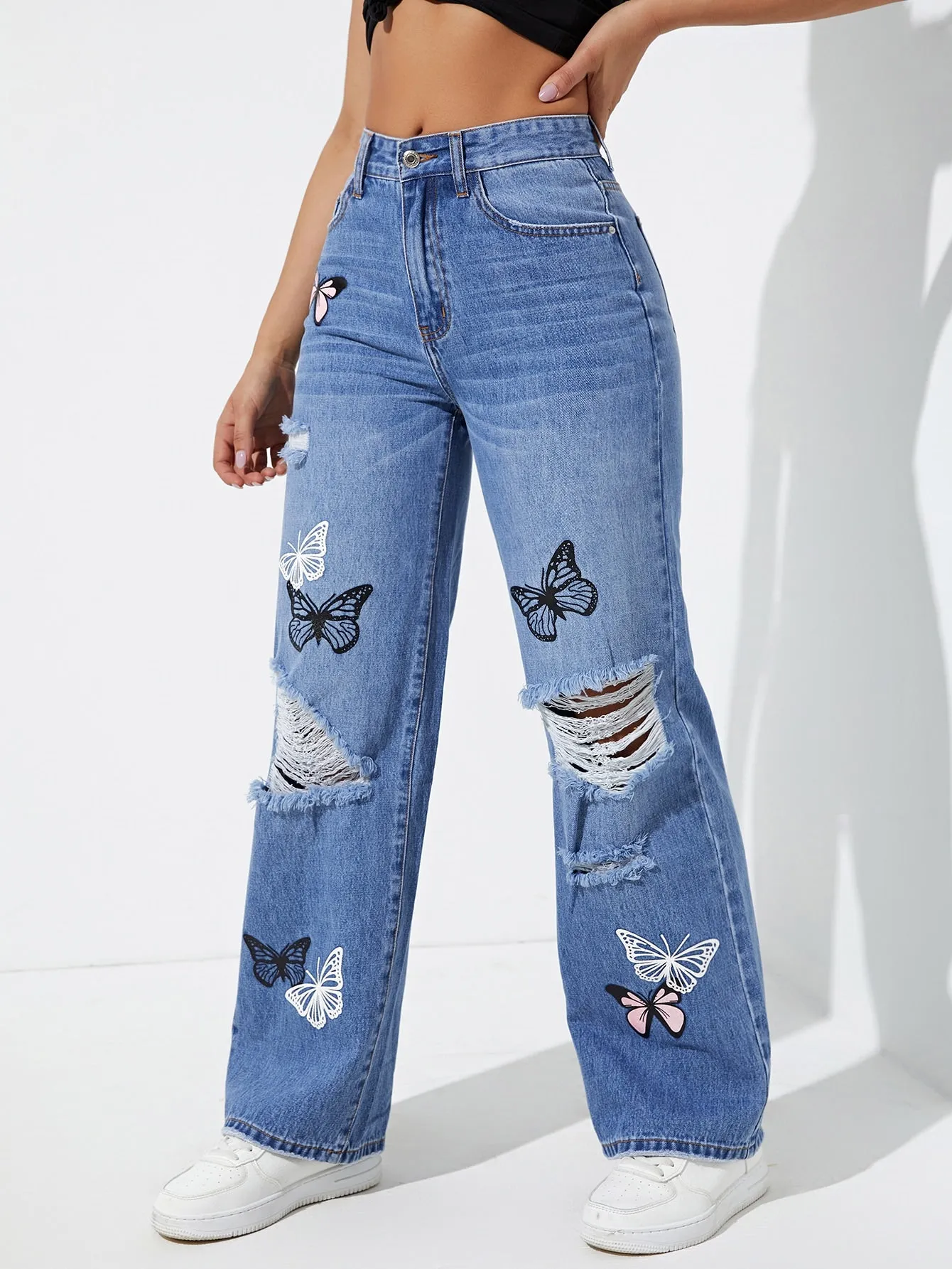 Butterfly Print Ripped Straight Leg Jeans