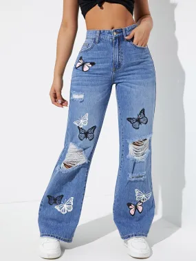 Butterfly Print Ripped Straight Leg Jeans