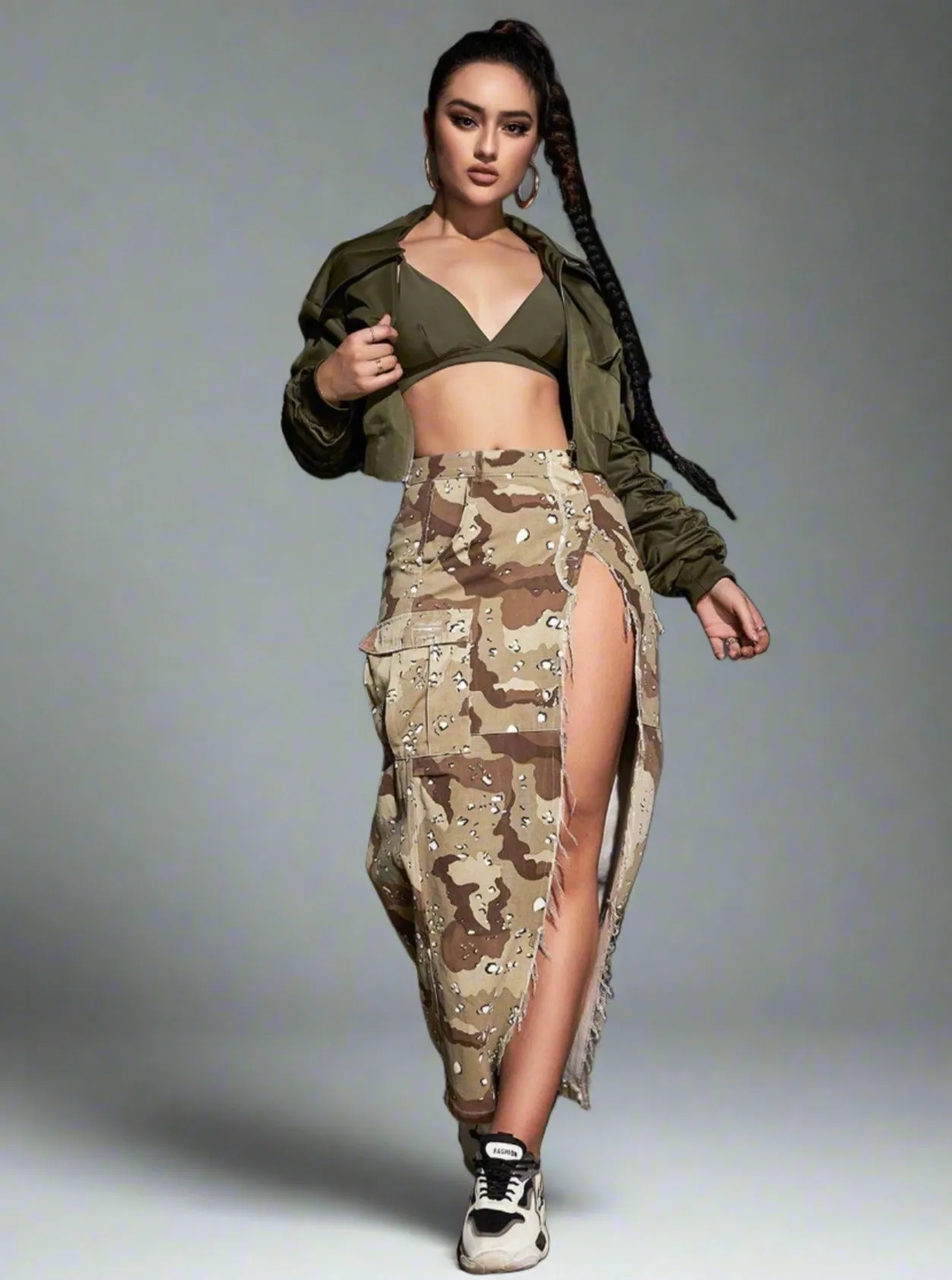 Camo Print Split Thigh Skirt