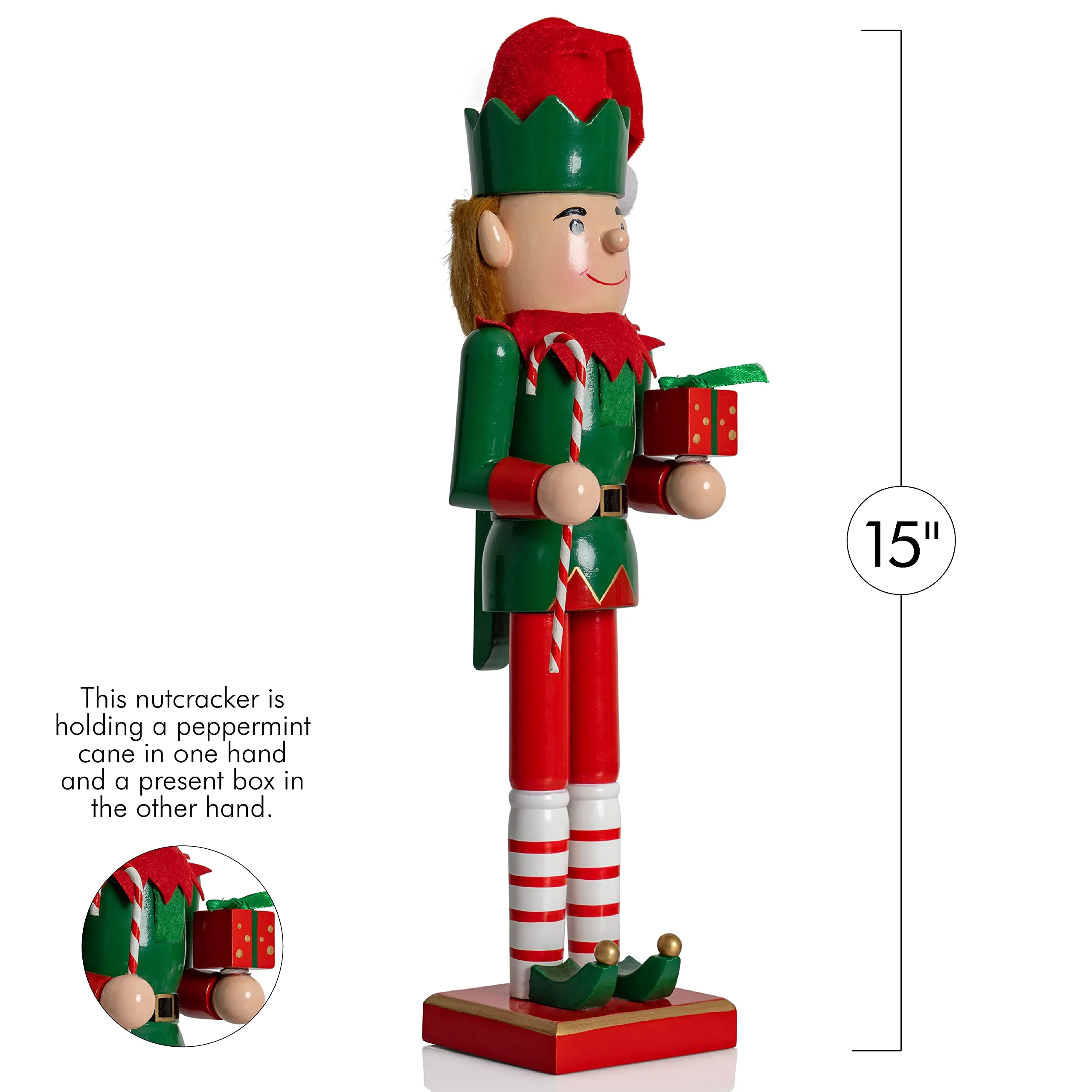 Christmas Elf Holiday Nutcracker – Red and Green Wooden Elf with Candy Cane and Gift Box Xmas Themed Holiday Nut Cracker Doll Figure Toy Decorations