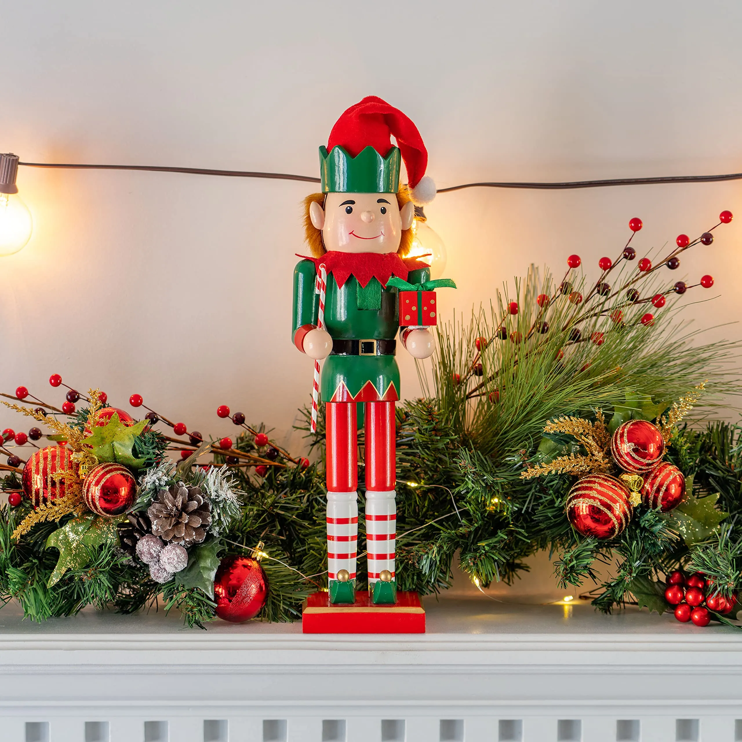 Christmas Elf Holiday Nutcracker – Red and Green Wooden Elf with Candy Cane and Gift Box Xmas Themed Holiday Nut Cracker Doll Figure Toy Decorations