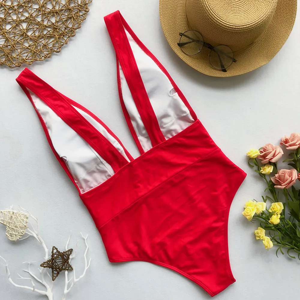 Deep V String High Waist One Piece Swimsuit