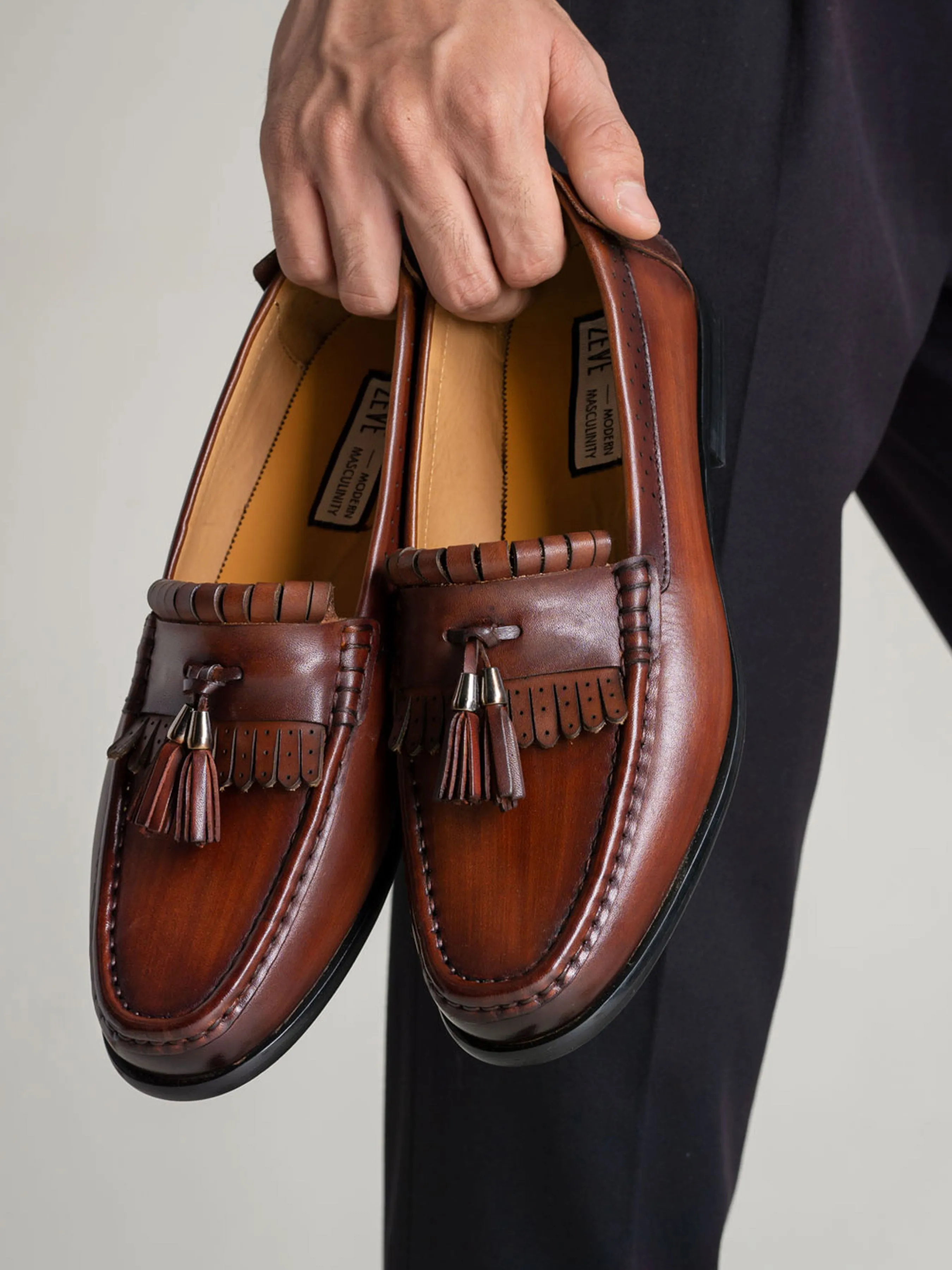 Fringe Classic Loafer - Cognac Tan with Tassel (Hand Painted Patina)