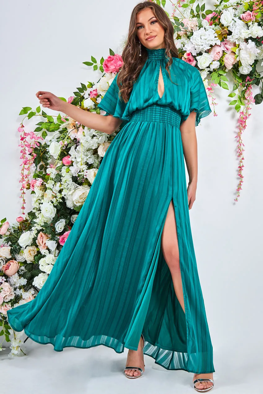 Goddiva Keyhole High Neck Flutter Sleeve Maxi