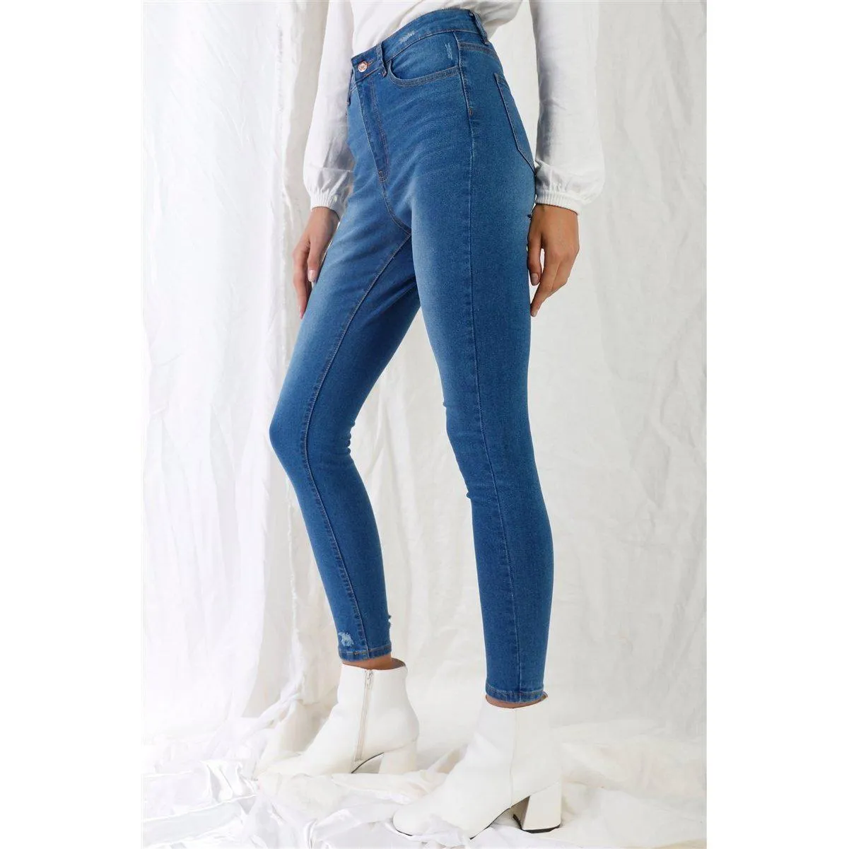 Mid Blue High-waisted With Rips Skinny Denim Jeans