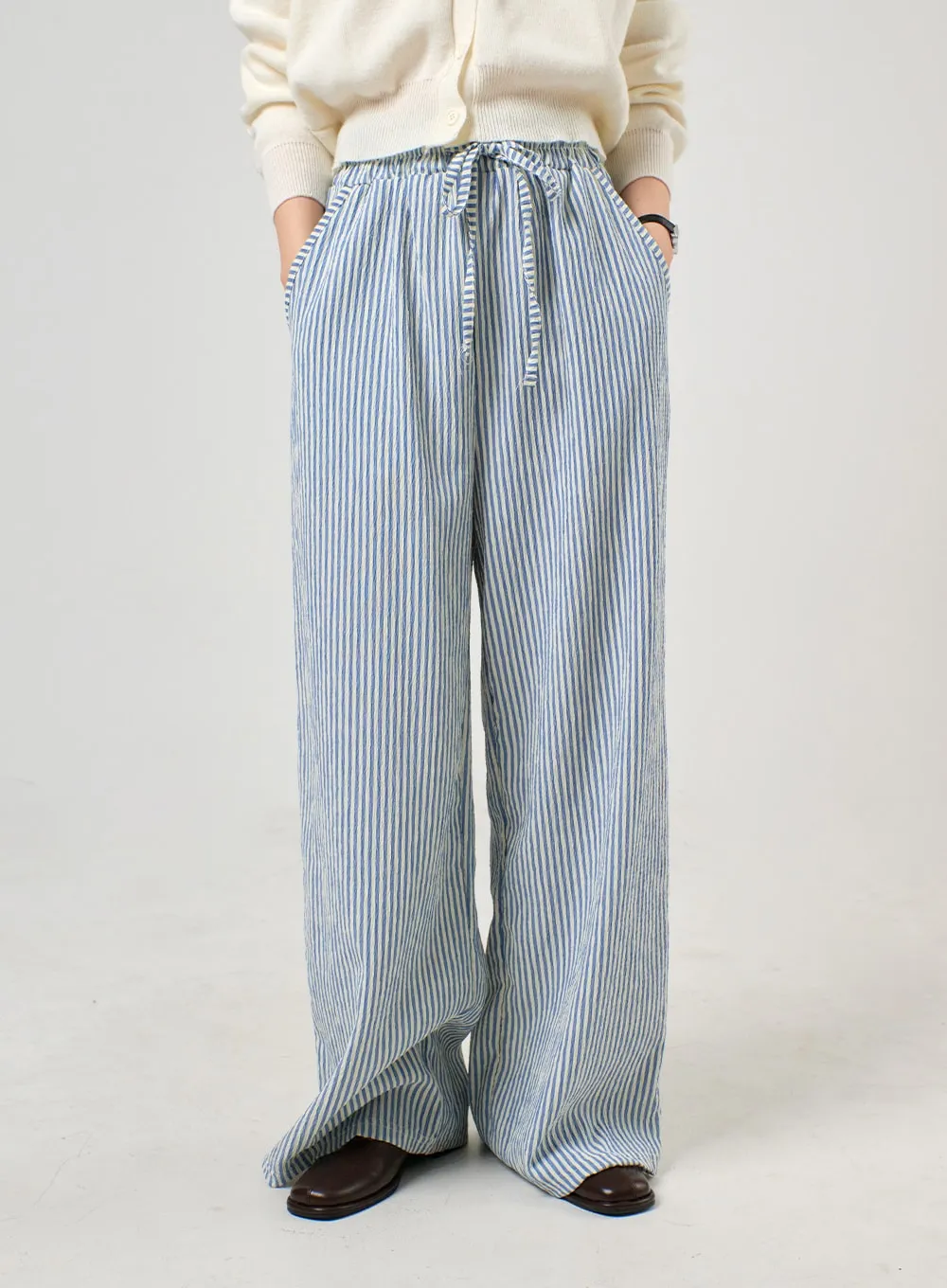 Mid Waist Striped Wide Leg Trousers OF406