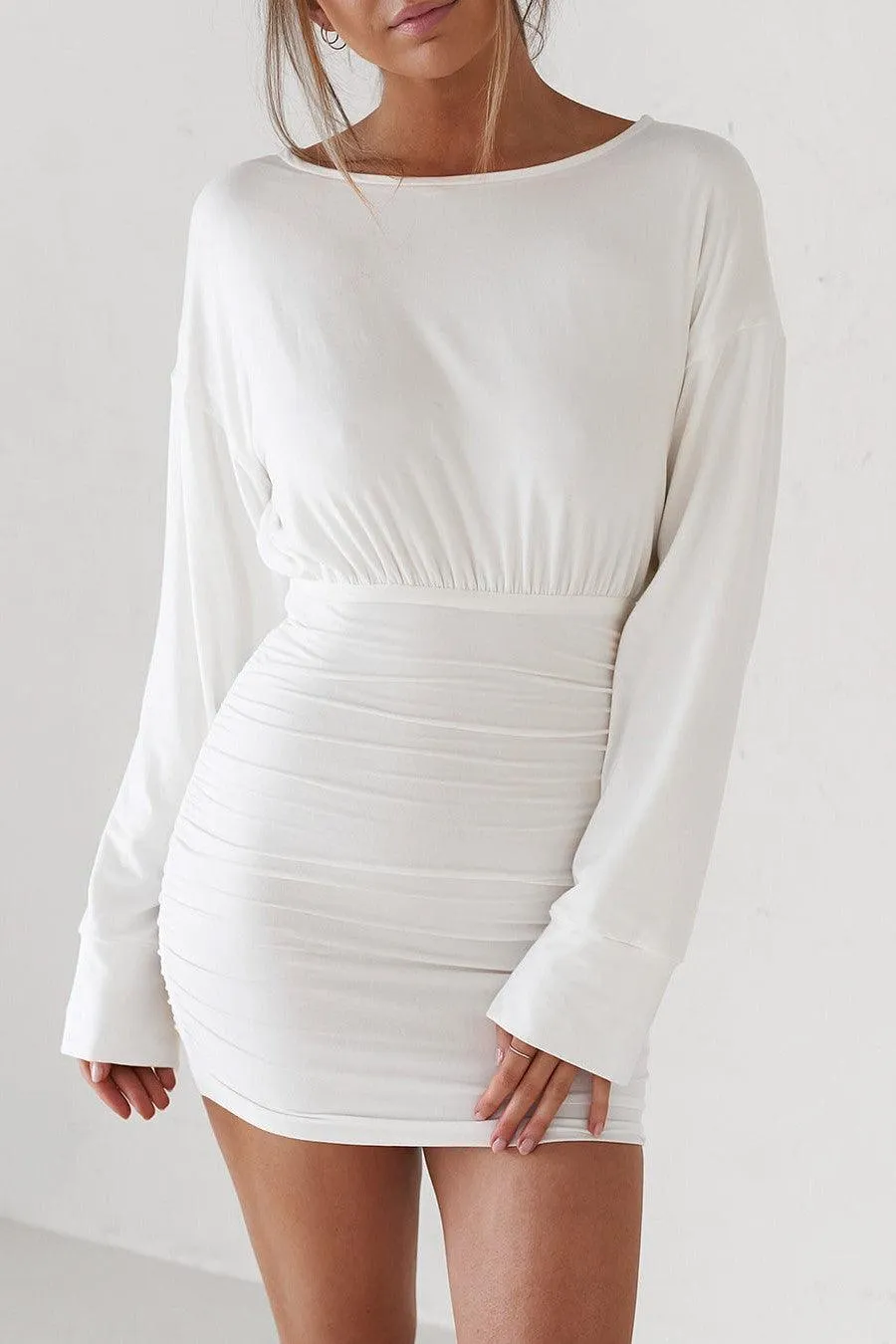 Open Back Long Sleeve Mini Dress - White