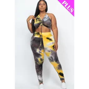 Plus Adjustable Ruched Crop Top And Leggings Set