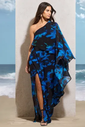 Ripple | Navy Floral Print Chiffon Oversized Asymmetric Maxi Dress