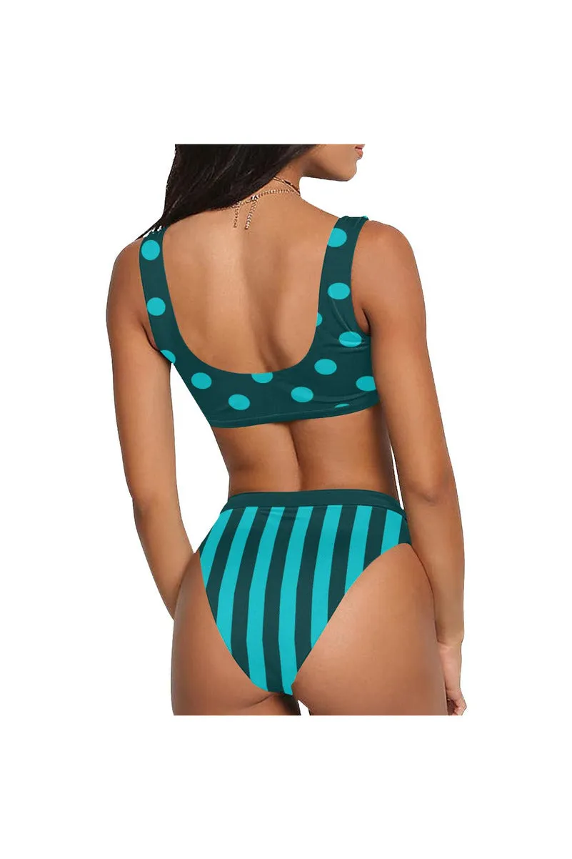 stripe bottom aqua Sport Top & High-Waisted Bikini Swimsuit (Model S07)