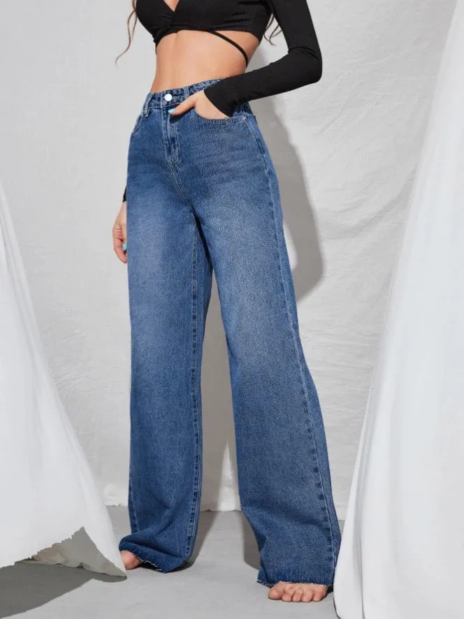 Twilight Blue Raw Hem Wide Leg Jeans