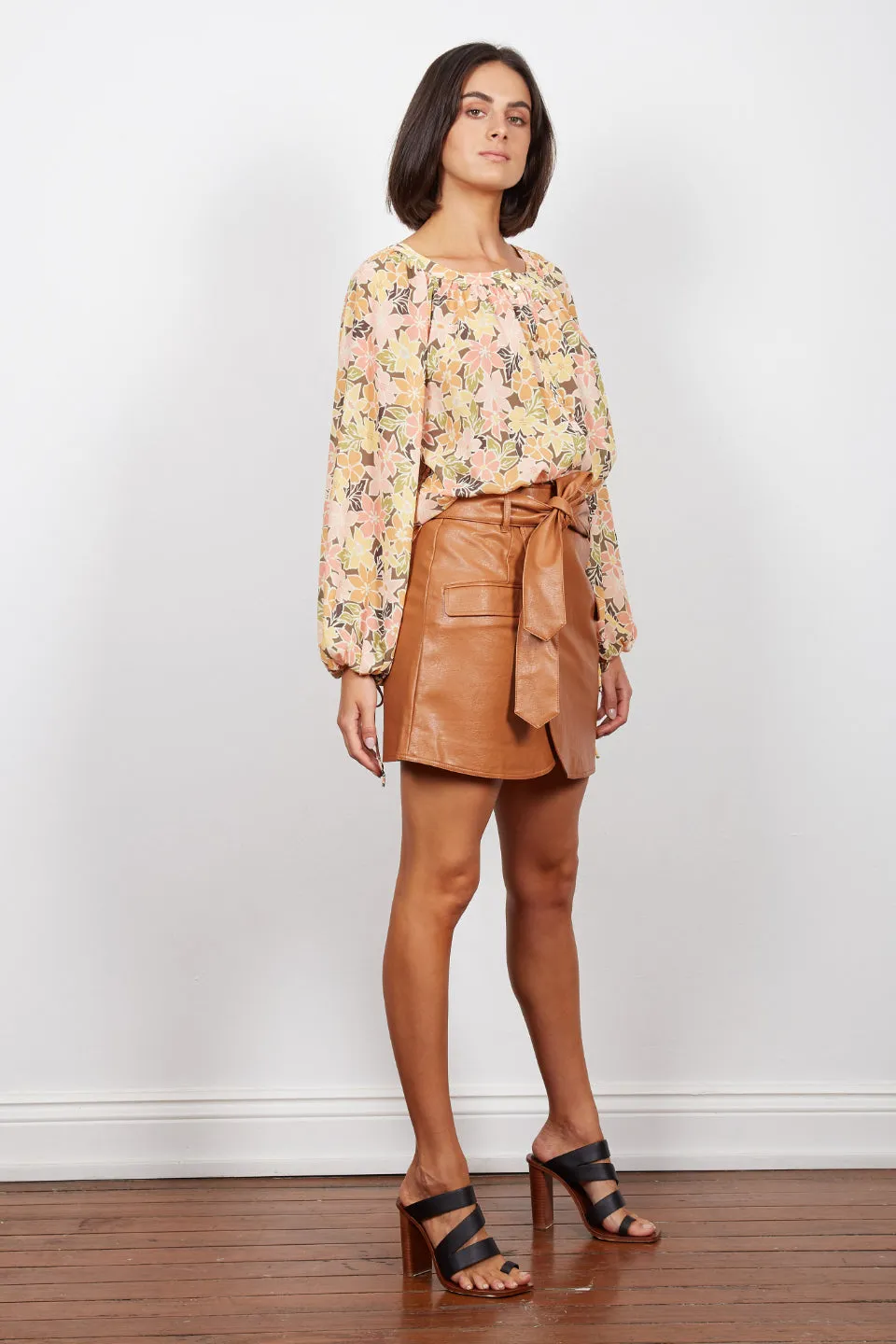 Zimi Tie Waist Faux Leather Camel Mini Skirt